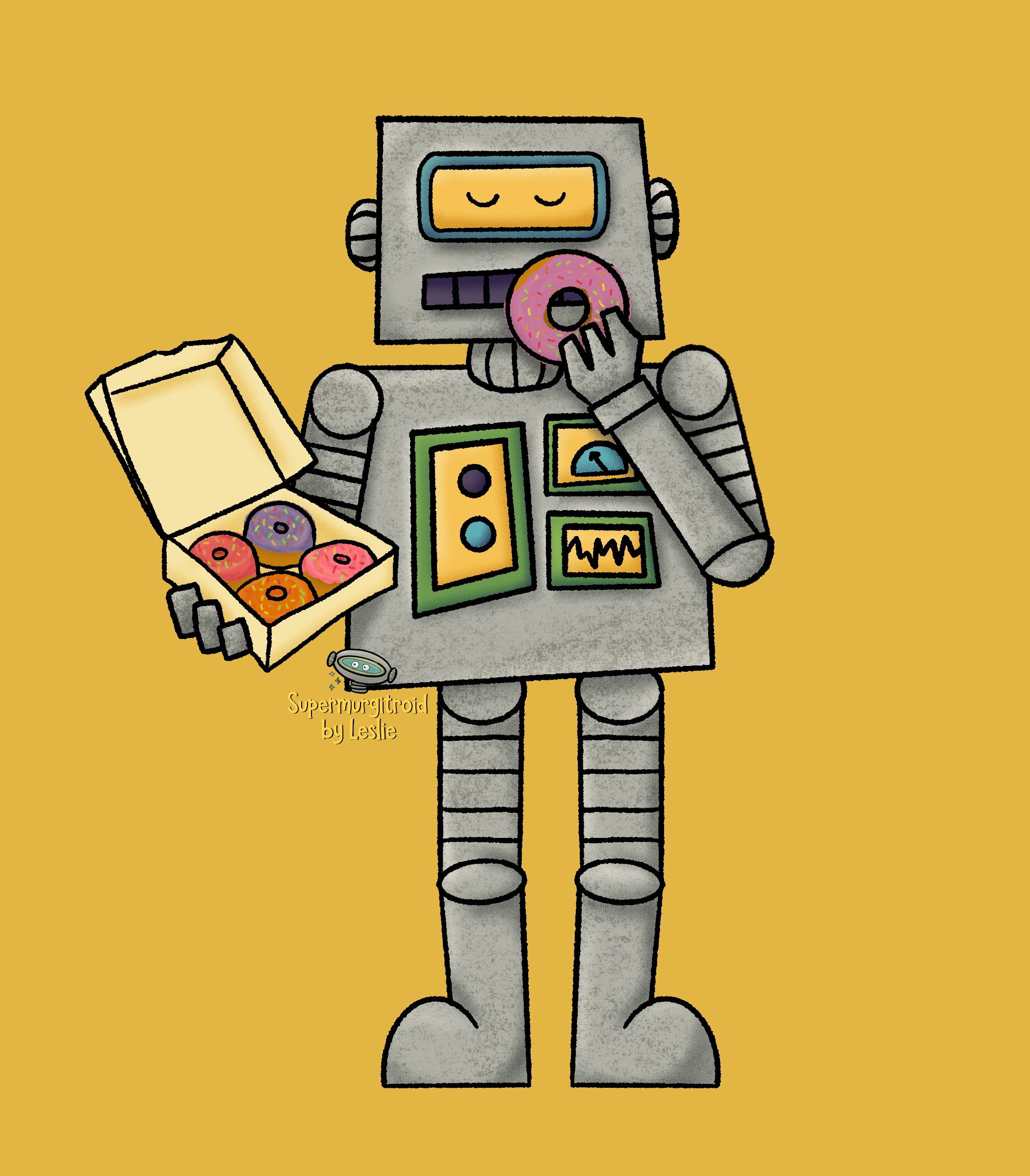 Digital illustration of a square robot eating a doughnut while holding a box of 6 more.